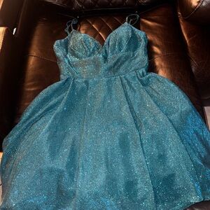 Homecoming B Darlin juniors' glitter knit skater party dress in teal